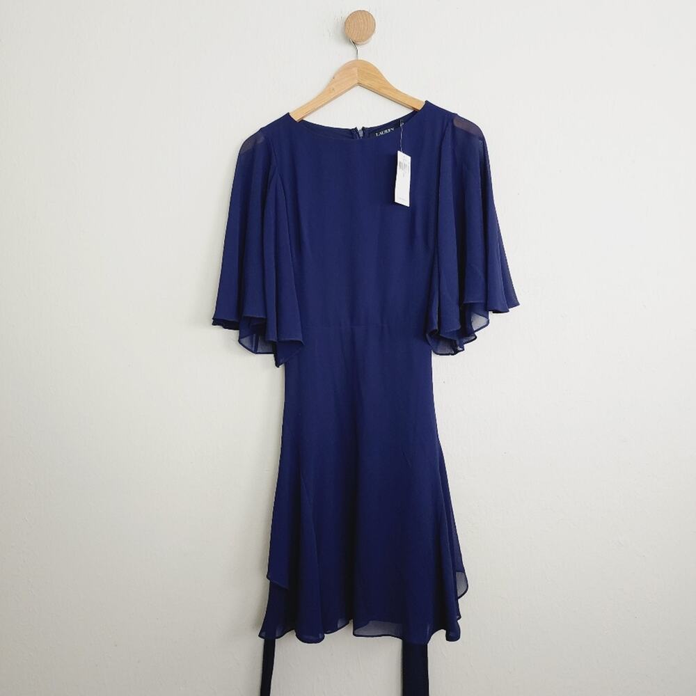 Lauren Ralph Lauren NWT Deep Navy Blue Flutter Sleeve Belted Crepe Mini Dress 2 - Picture 6 of 15